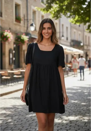 Vestido Negro Manga Corta De India Negro Lisa Único