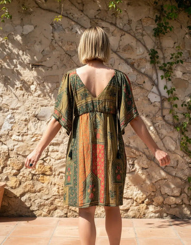 Vestido Corto De Seda Hindú Rosa Estampado Único