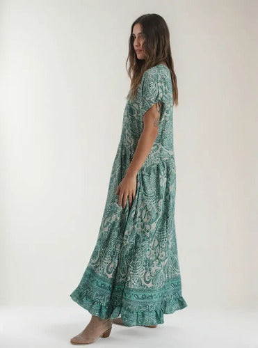 Vestido De Seda Hindú Amplio Mod. 08 Verde Estampado Único