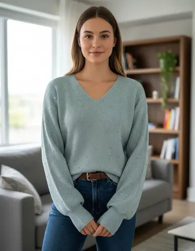 Sweater Tejido Morley Mangas Globo Y Hotfix Verde Agua Hotfix Único