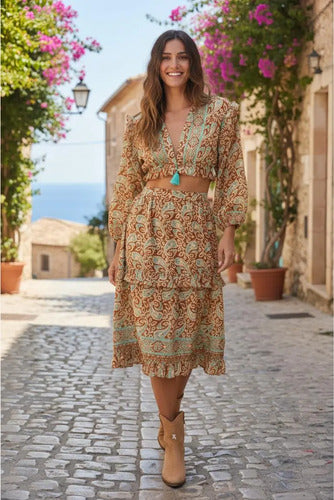 Pollera + Blusa De Seda Hindú (conjunto) Marrón Estampado Único