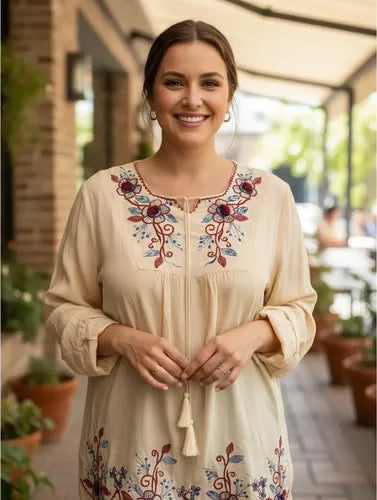 Blusa Larga Tunica Camisa Importada Talle L  Crema L