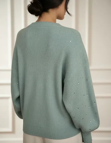 Sweater Tejido Morley Mangas Globo Y Hotfix Verde Agua Hotfix Único