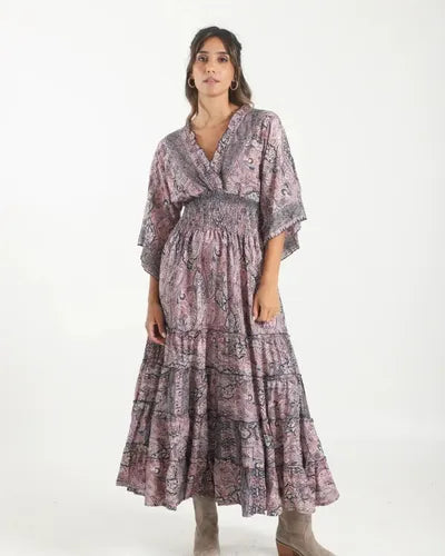 Vestido De Seda Hindú Largo Nuevo 2da Selección Lila Estampado Único