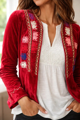 Saco Chaqueta Chiffon Bordada Rojo M Bordado