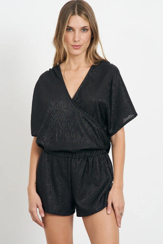 Short De Crepe Metalizado Fiesta Noche Negro Liso 38