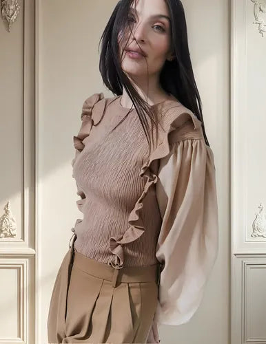 Sweater Tejido Importado Mangas De Gasa  Cod. 40 Marrón Claro Liso Único