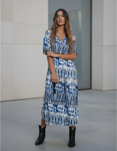 Vestido Largo De India Estampado Amplio Blanco Con Azul Estampado M