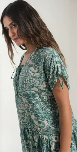 Vestido De Seda Hindú Amplio Mod. 08 Verde Estampado Único