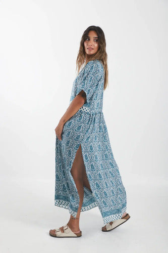 Vestido Largo De Seda Hindú Modelo Amplio Mod. 04 Azul Acero Estampado Único