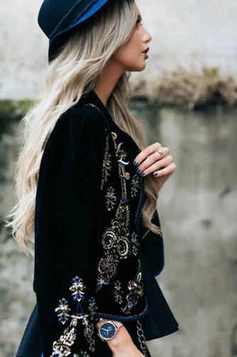 Saco Chaqueta Chiffon Velvet Con Dorado Estilo Vars Negro S/m Bordado