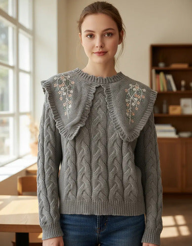 Sweater Tejido Folk Cuello Grande Bordado Cod. 008