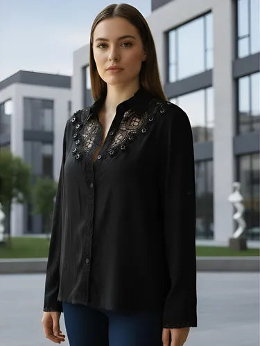 Camisa Importada Boho Perlas Y Puntillas (251) Negro L