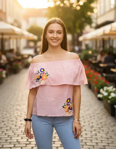 Camisa Blusa Paisana Bordada Rosa Bordado Único