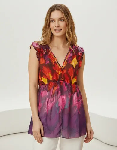 Blusa De Gasa Estampada Importada Fucsia Único