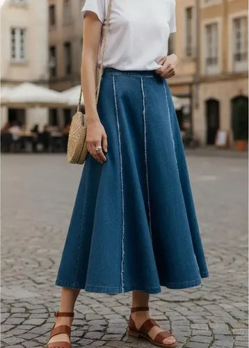 Pollera De Jean Larga Corte Evase Modelo Amplio