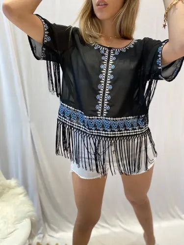 Blusa Top De Gasa Con Flecos Bordada Negro Único