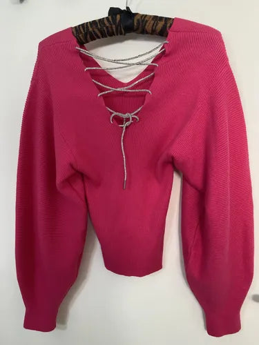 Sweater Tejido Morley Mangas Globo Fucsia Liso Único