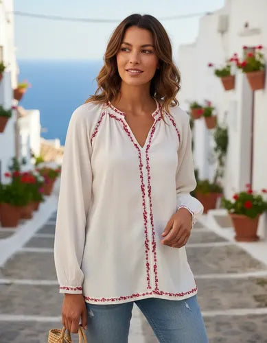 Camisa Blusa India Importada T/rapsodia Bordada Boho Bella Beige Bordado S
