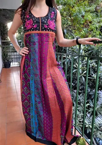Vestido Largo Bordado Importado Boho Estilo Vars Negro Estampado L