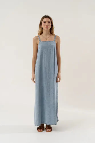 Vestido Jean Largo Solero Denim Nuevo De 2da Selección Celeste Liso S