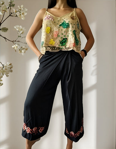 Pantalón Palazzo Culotte Bordado Importado Talle  Xs Negro Bordado Xs/ S