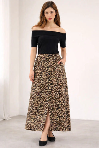Pollera Larga Animal Print Abotonada
