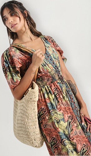 Vestido De Seda Hindú Mod. 6 Multicolor Estampado Único