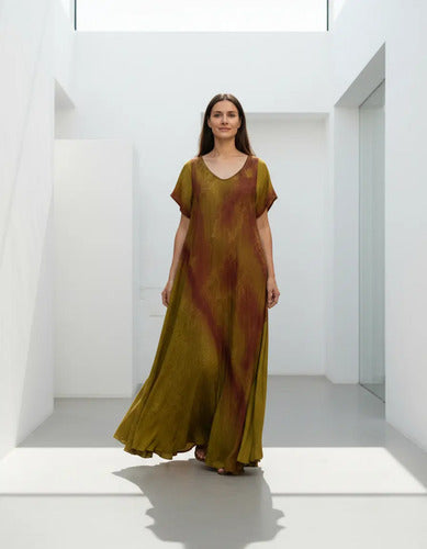 Vestido Largo Seda Hindú Modelo Amplio Xxxl C/bolsillos Marrón Estampado Único