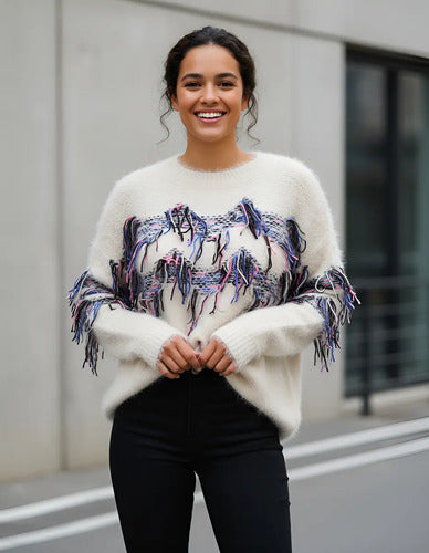 Sweater Importado Pelo De Mono Folk Boho Beige Flecos L