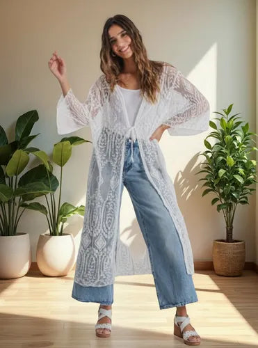 Kimono Boho Largo Amplio Blanco Único