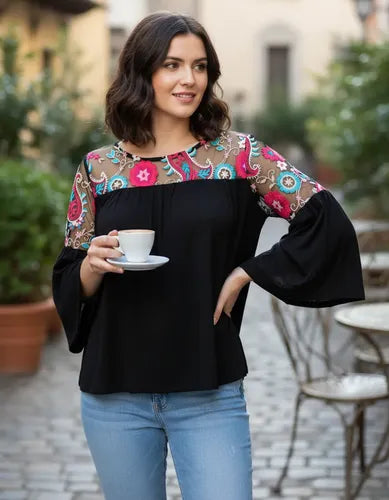 Remera Blusa Manga 3/4 Modal Y Tull Bordado Negro Bordado Único