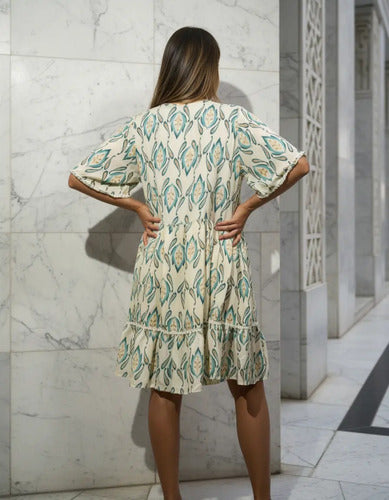 Vestido De Seda Hindú Corto Amplio Mod. 49 Crema Estampado Único