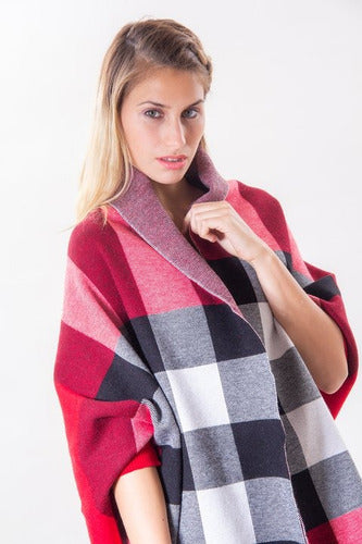 Ruana Poncho Reversible Escocesa Para Mujer Rojo Cuadros Único