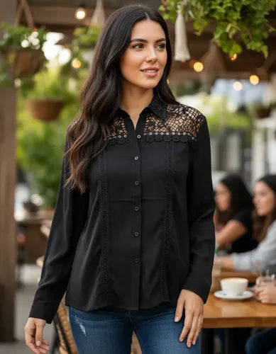 Camisa Importada Boho Perlas Y Puntillas (266) Negro Lisa L