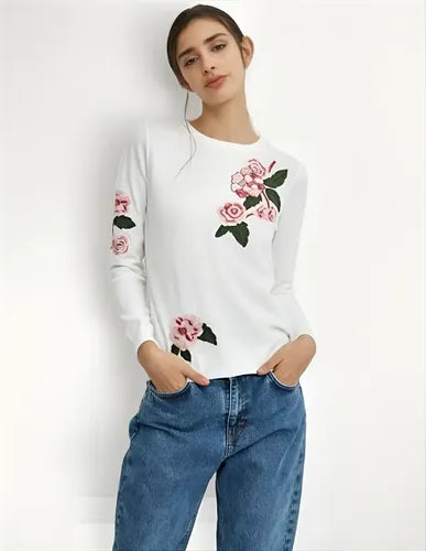 Sweater Tejido Importado Detalles  Strass Flores Negro U