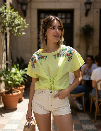 Remera Blusa Importada Estilo Boho Bordada Verde Limón M