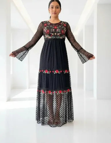 Vestido Boho Fiesta Bordado Tipo Vars Importado Negro Liso S/m