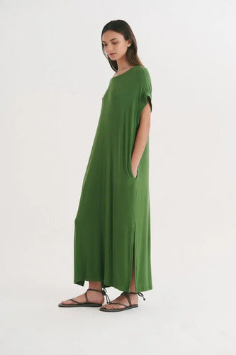 Vestido Morley Largo Con Bolsillos  Amplio Verde Liso Único