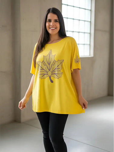 Remera  Modal Importada Talle Grande Strass Amarillo Hoja 5xl Lisa