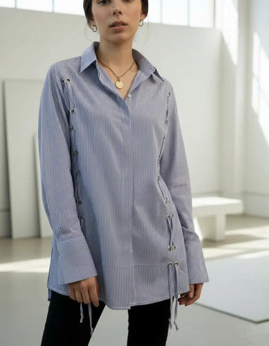 Camisa Larga  Rayada Importada Azul M