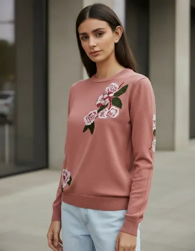 Sweater Tejido Importado Detalles  Strass Flores Negro U