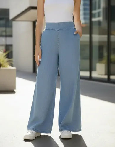 Pantalón Jean Amplio Palazzo Denim Celeste Liso S