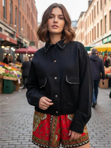 Campera De Gabardina Bomber Con Tachas Negro 40 Liso