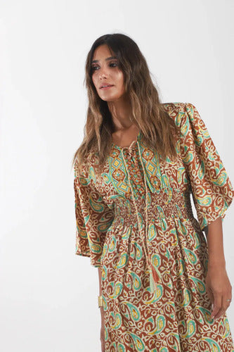 Vestido De Seda Hindú Largo Mod. 69 Marrón Claro Estampado Único