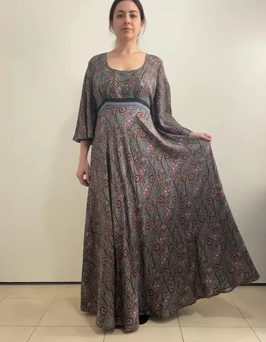 Vestido Largo Fiesta Importado Seda Hindú Amplio Gris Estampado Único