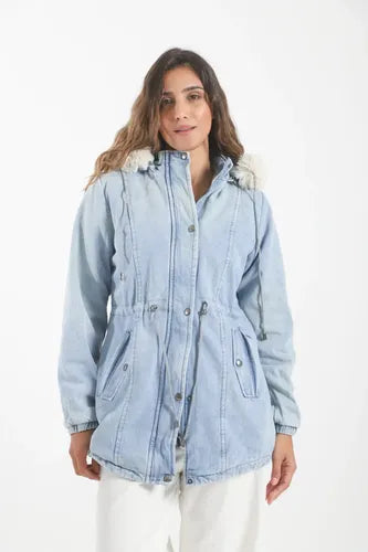 Campera De Abrigo De Jean Larga Con Piel Importada Azul Acero S Lisa