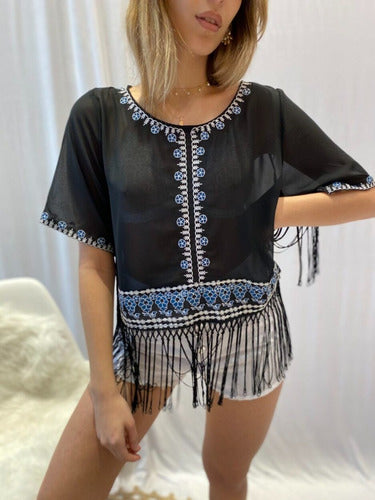 Blusa Top De Gasa Con Flecos Bordada Negro Único