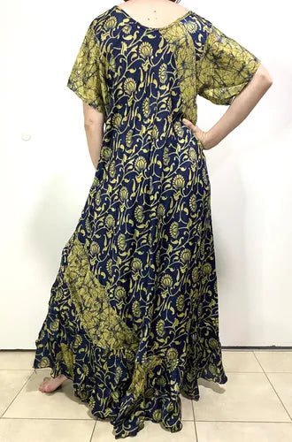 Vestido Seda Hindú Modelo Amplio Xxxl Azul Estampado Único