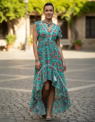 Vestido  Largo Irregular Importado  Boho Estampado India